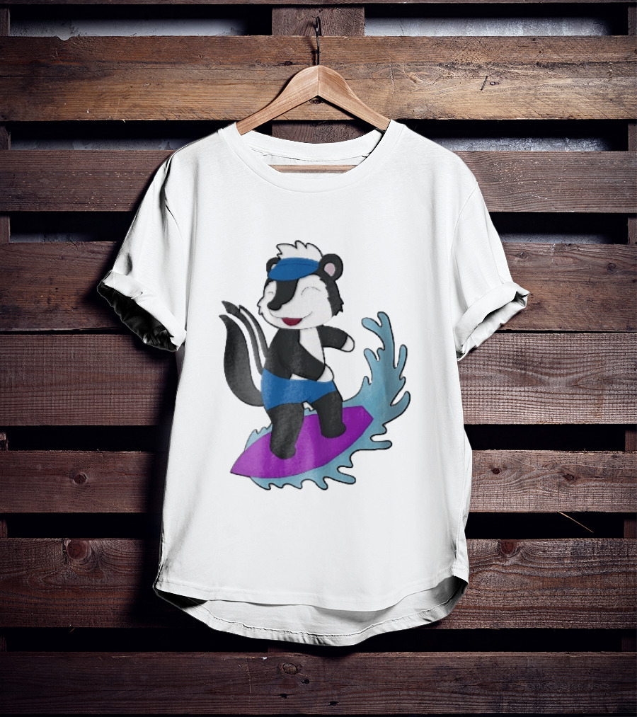 Skunk Surfing Cartoon On Purple Surfboard With Blue Waves And Summer Vibes T-Shirt