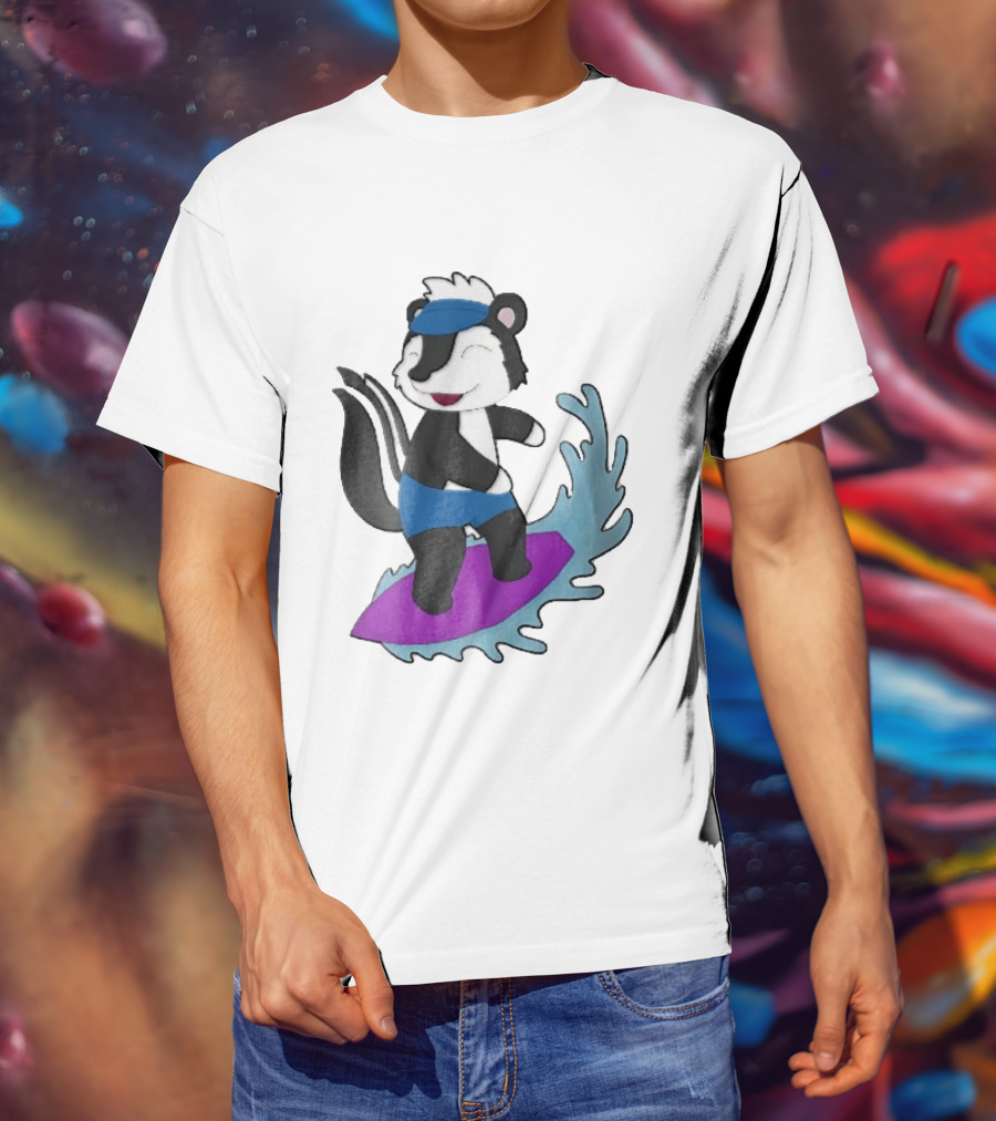 Skunk Surfing Cartoon On Purple Surfboard With Blue Waves And Summer Vibes T-Shirt