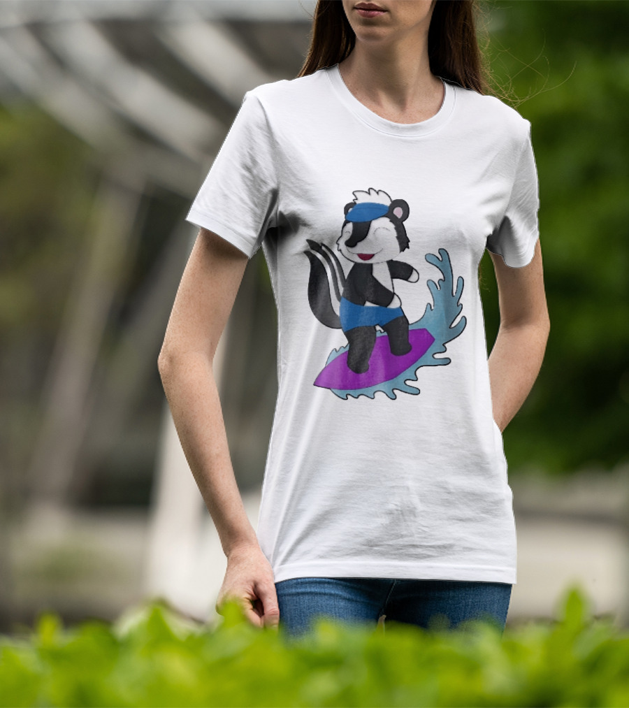 Skunk Surfing Cartoon On Purple Surfboard With Blue Waves And Summer Vibes T-Shirt