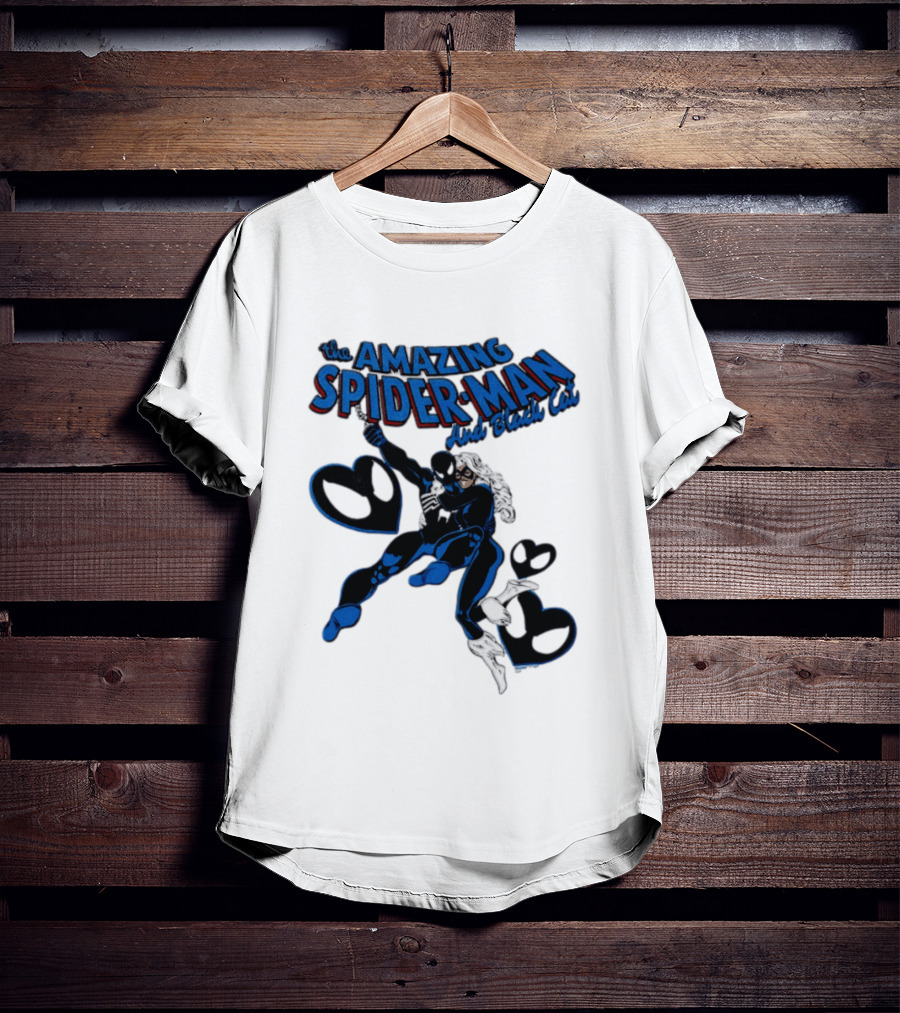 The Amazing Spider Man Hugs Black Cat With Hearts T-Shirt