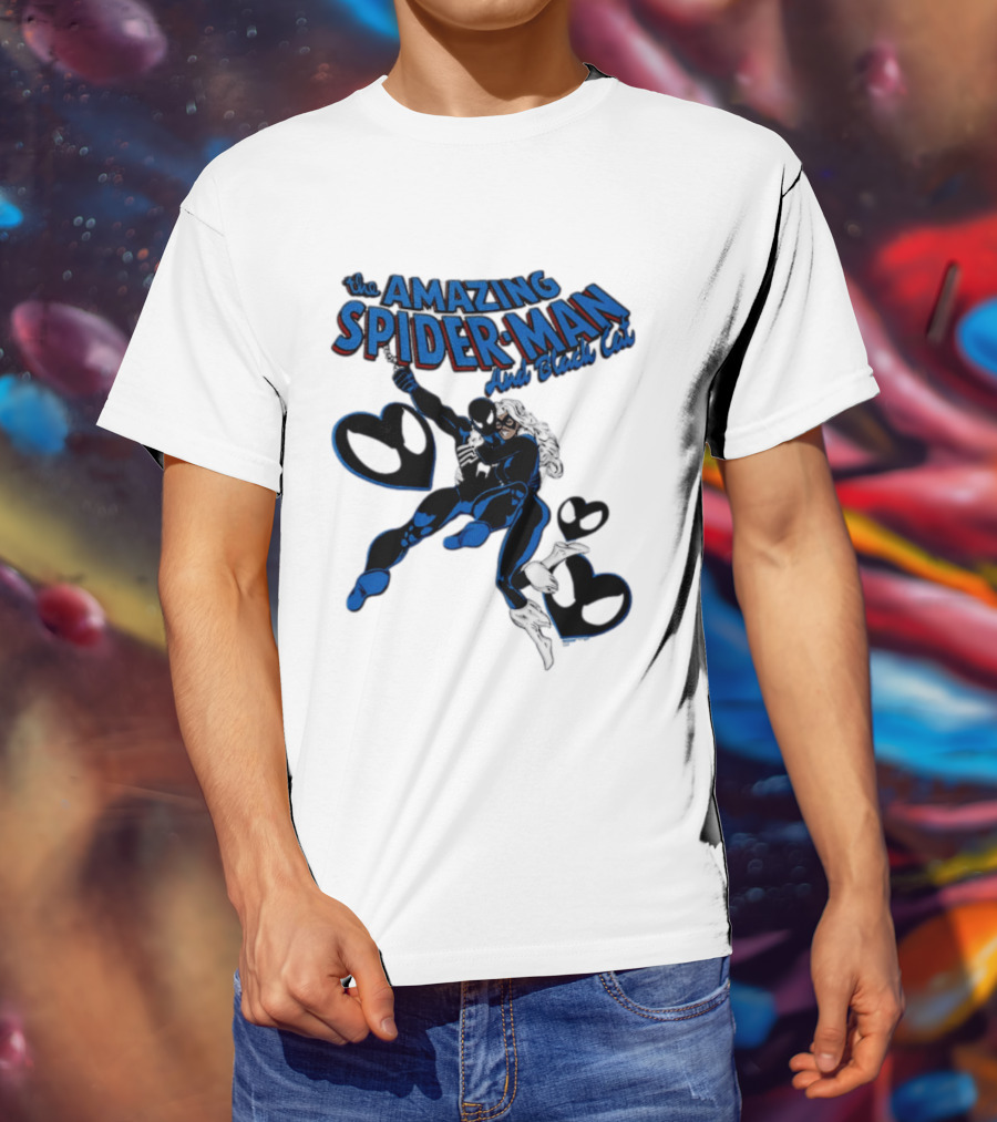 The Amazing Spider Man Hugs Black Cat With Hearts T-Shirt