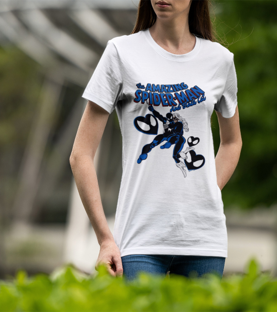 The Amazing Spider Man Hugs Black Cat With Hearts T-Shirt