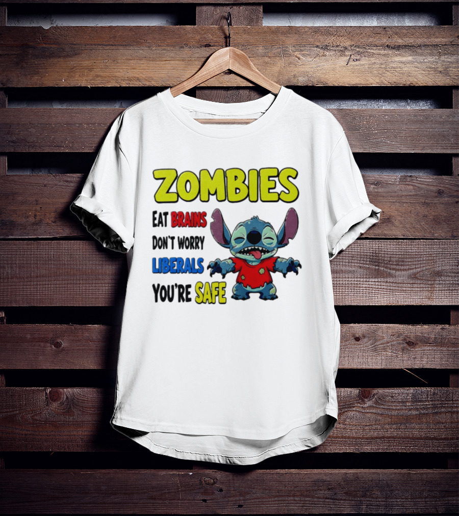 Zombies Eat Brains Don't Worry Liberals You're Safe Stitch Cartoon Creature Stitched Red T-Shirt