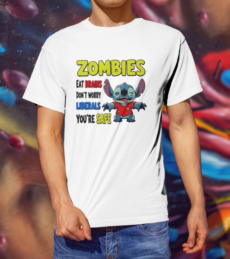 Zombies Eat Brains Don't Worry Liberals You're Safe Stitch Cartoon Creature Stitched Red T-Shirt