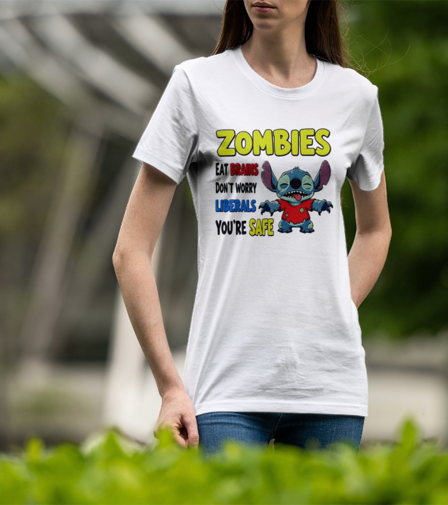 Zombies Eat Brains Don't Worry Liberals You're Safe Stitch Cartoon Creature Stitched Red T-Shirt