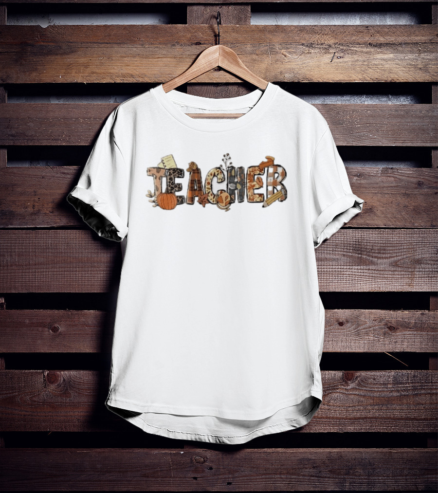 Teacher Fall Autumn Pumpkin Globe Pencil Pie Slice T-Shirt