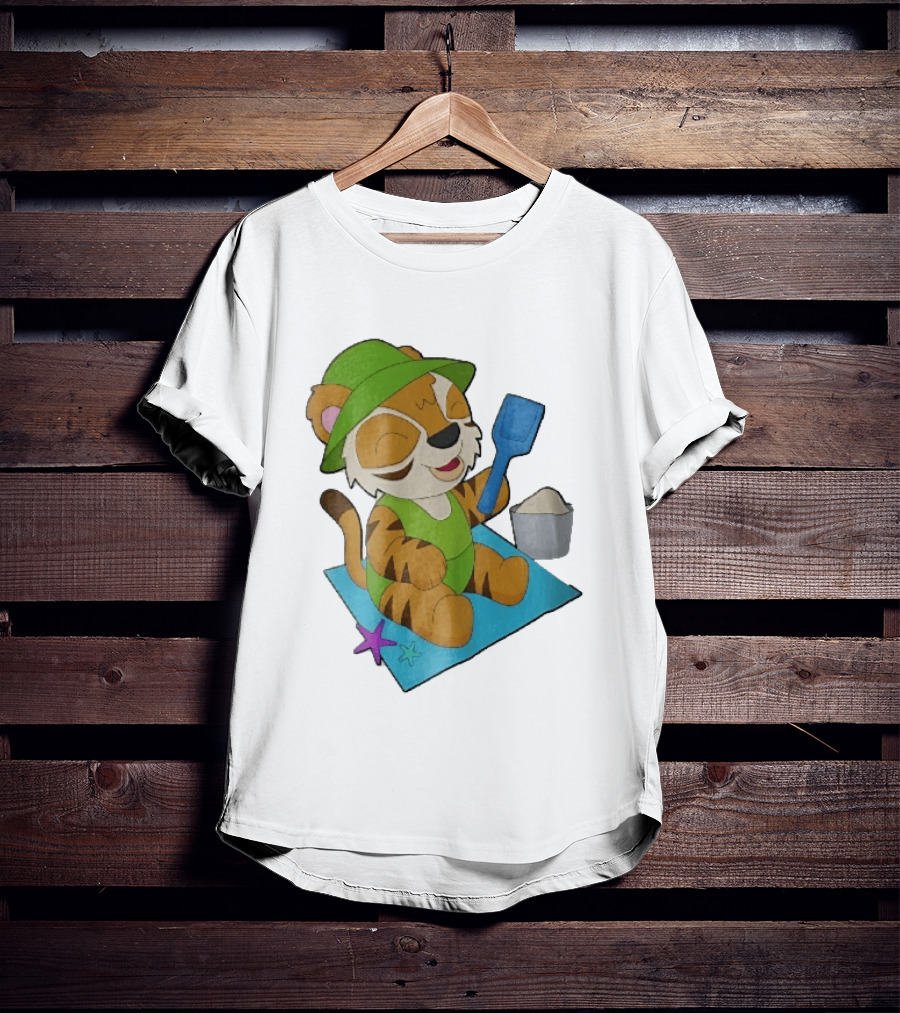 Playful Tiger Beach Sand Adventure Summer Scene T-Shirt