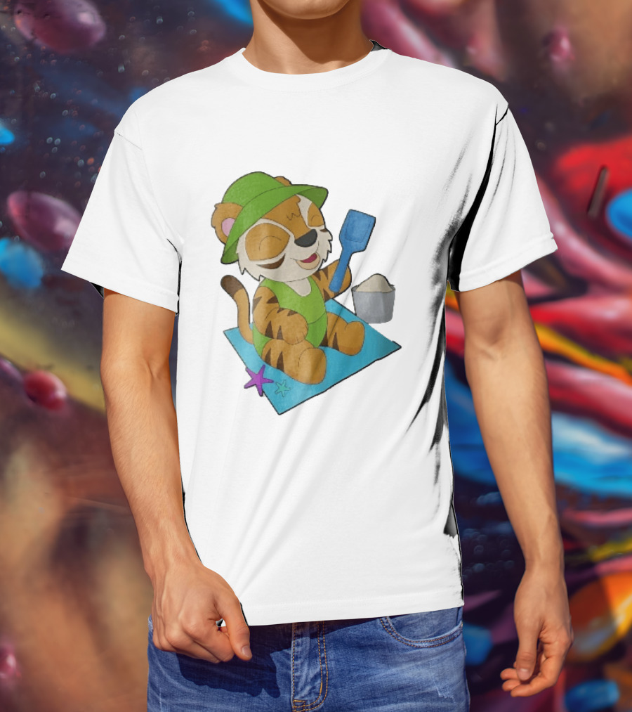 Playful Tiger Beach Sand Adventure Summer Scene T-Shirt