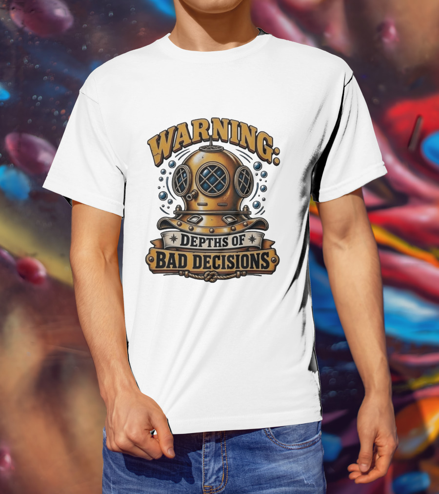Warning Depths Of Bad Decisions Vintage Diving Helmet Adventure T-Shirt