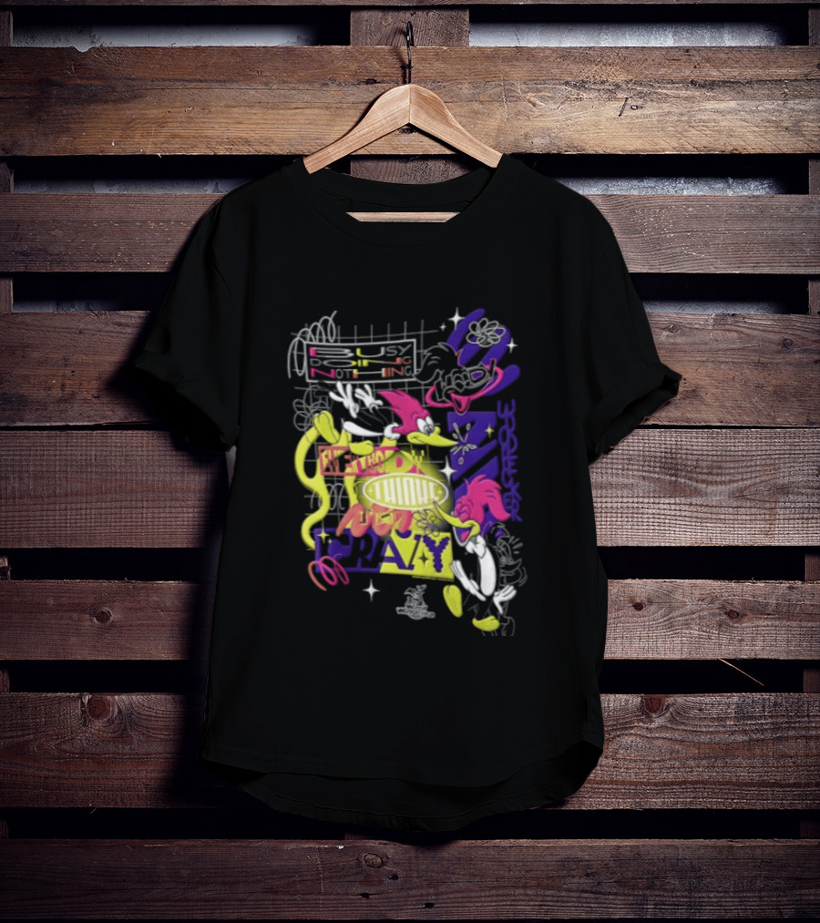 Busy Doing Nothing Everybody Thinks I'm Crazy Woody Woodpecker Walter Lantz Neon Grid Poses T-Shirt