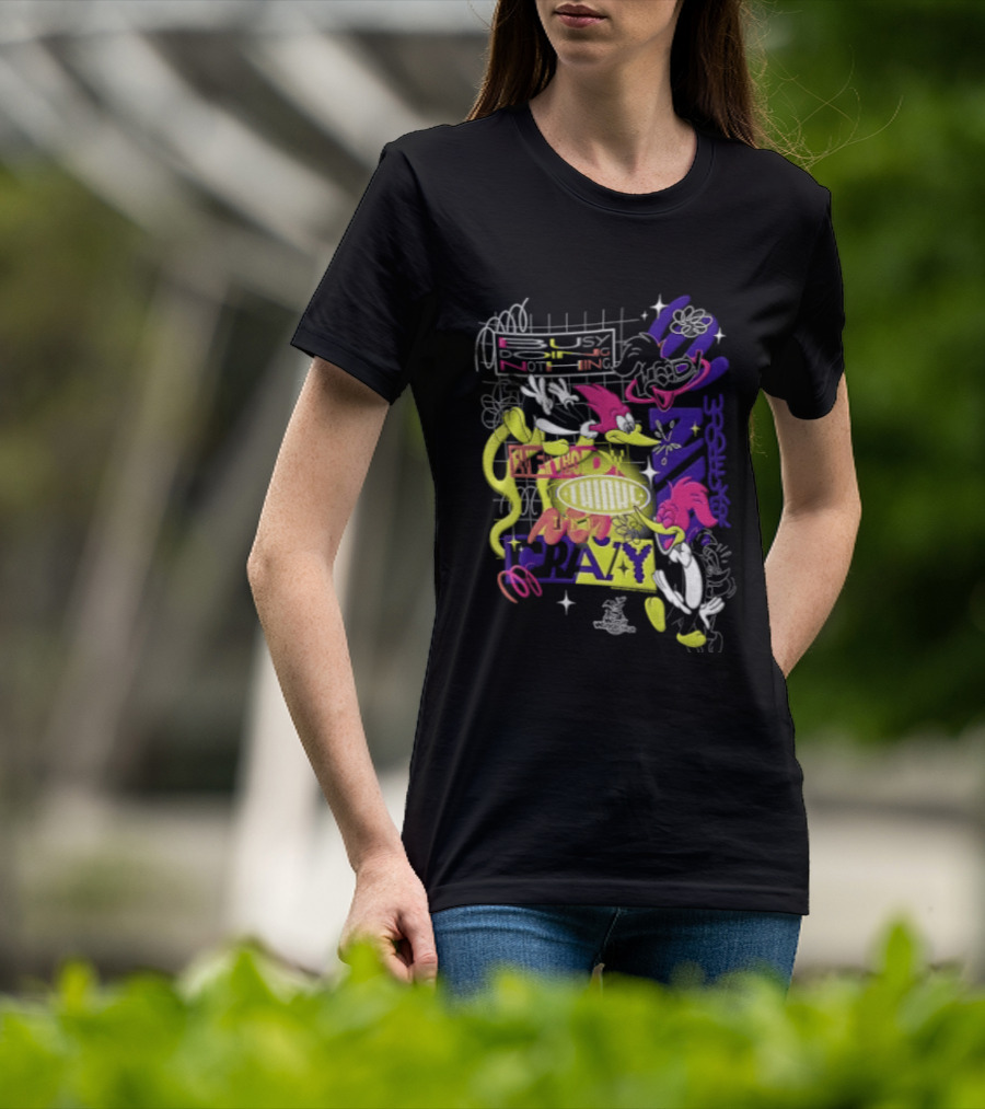 Busy Doing Nothing Everybody Thinks I'm Crazy Woody Woodpecker Walter Lantz Neon Grid Poses T-Shirt