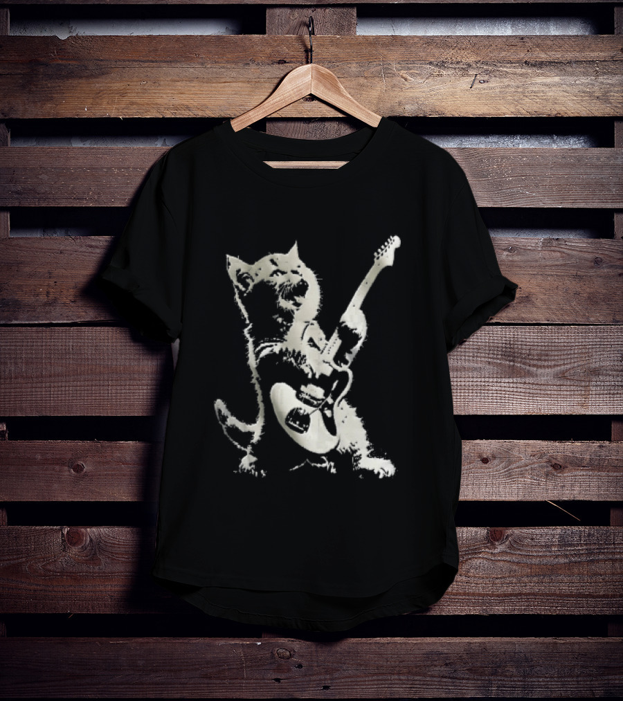 Cat Playing Electric Guitar Rocker Meowing Stencil Splatter Black And White T-Shirt