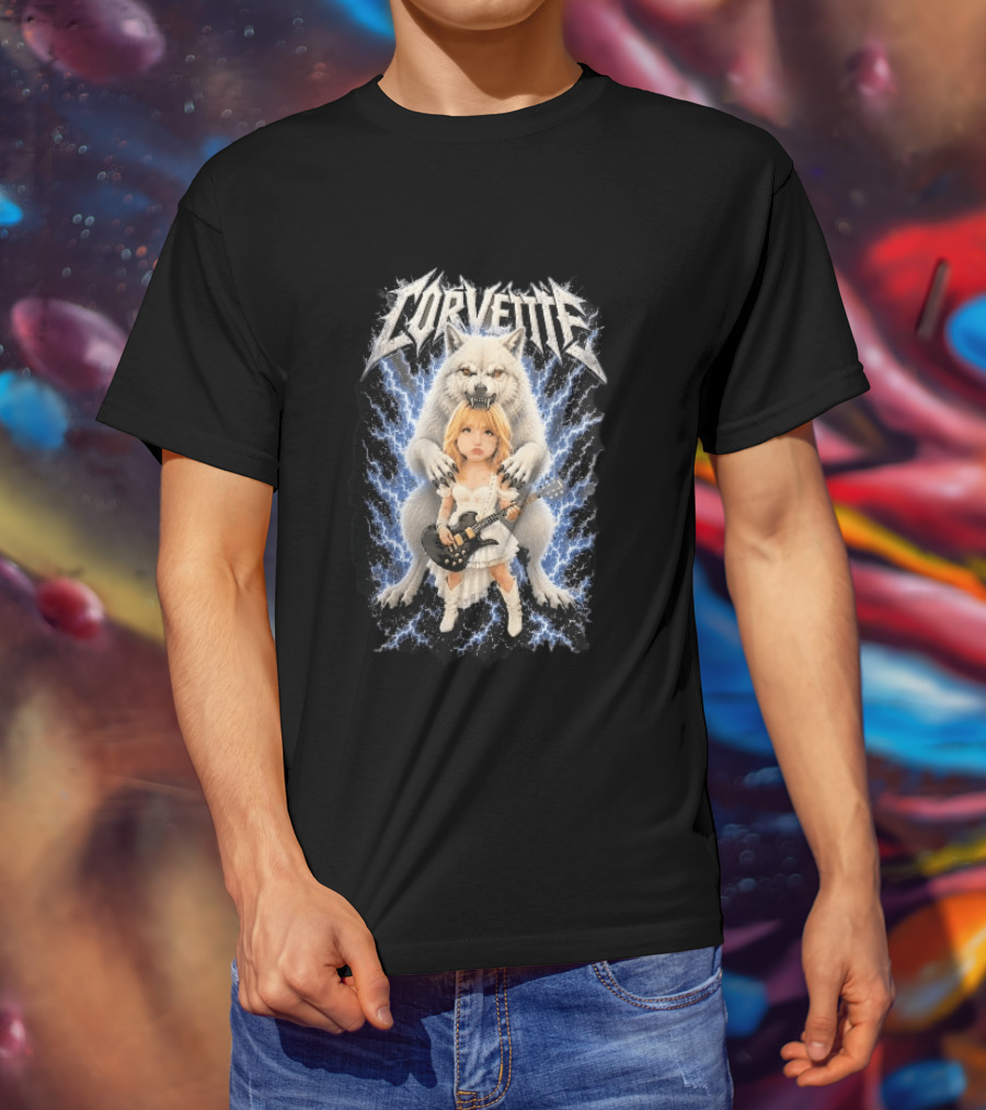 Corvette Chibi Blonde With Electric Guitar White Wolf And Lightning Heavy Metal T-Shirt