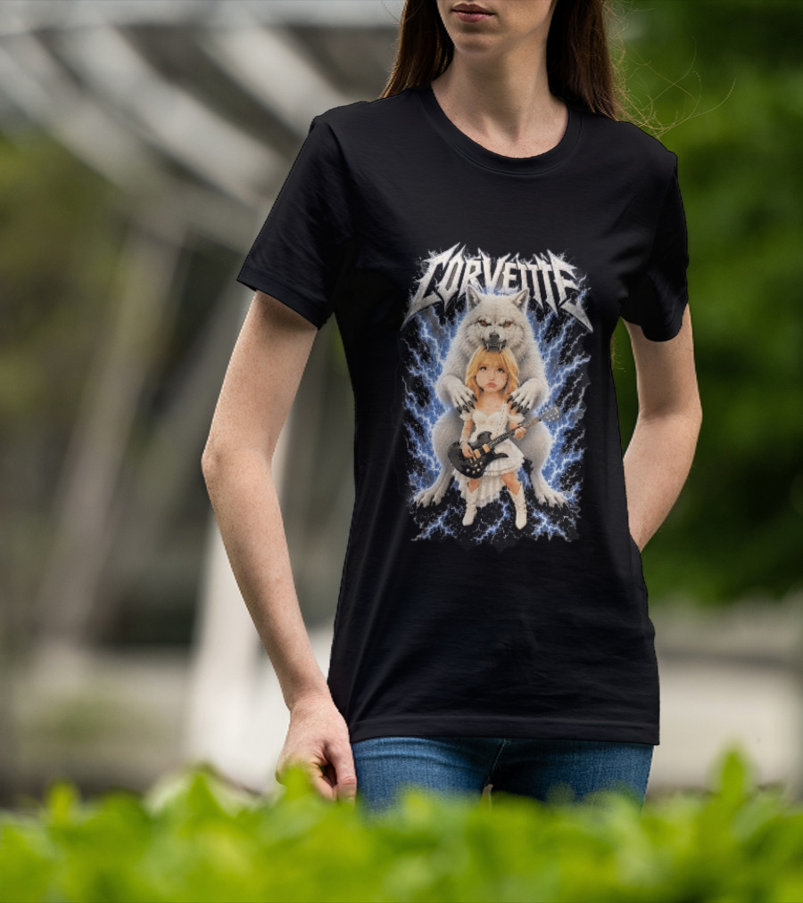 Corvette Chibi Blonde With Electric Guitar White Wolf And Lightning Heavy Metal T-Shirt