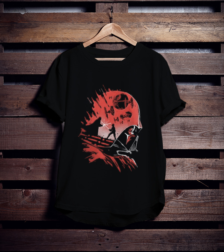 Darth Vader Luke Skywalker Lightsaber Duel Death Star TIE Fighters Red Stencil T-Shirt