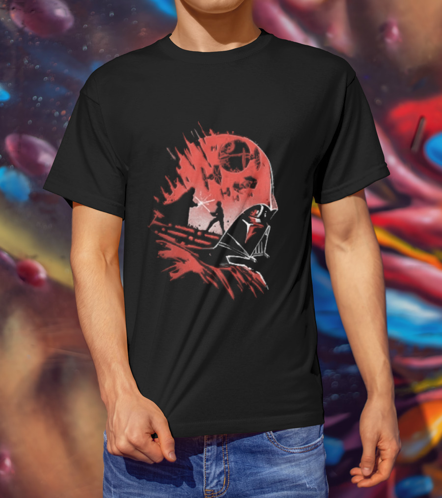 Darth Vader Luke Skywalker Lightsaber Duel Death Star TIE Fighters Red Stencil T-Shirt