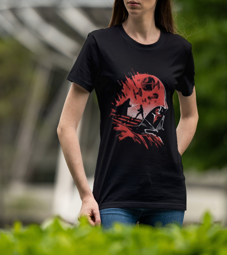 Darth Vader Luke Skywalker Lightsaber Duel Death Star TIE Fighters Red Stencil T-Shirt