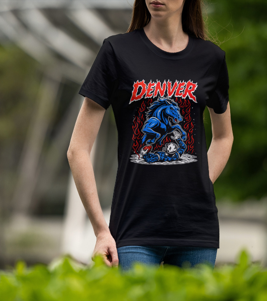 Denver Broncos Blue Horse Fire Football Player Flame T-Shirt