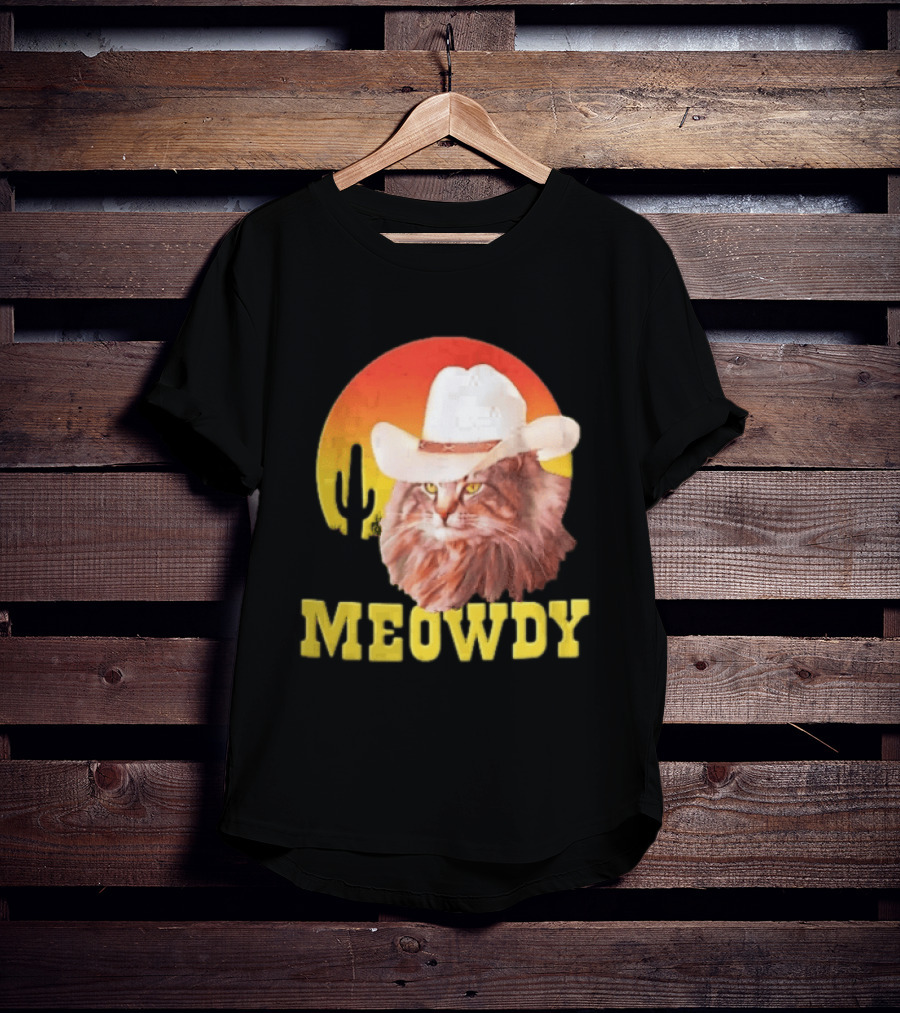 Meowdy Cowboy Cat In White Hat With Sunset And Cactus T-Shirt