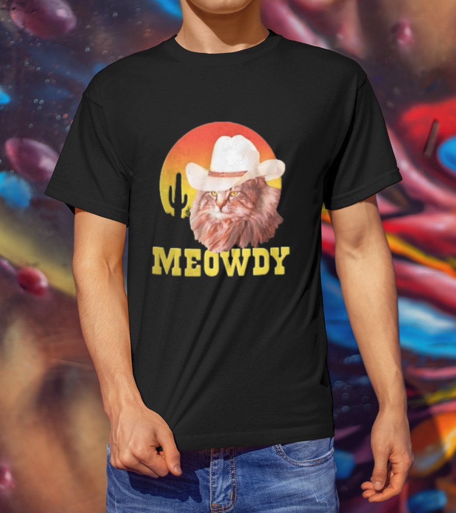 Meowdy Cowboy Cat In White Hat With Sunset And Cactus T-Shirt