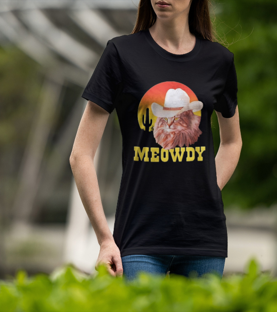 Meowdy Cowboy Cat In White Hat With Sunset And Cactus T-Shirt