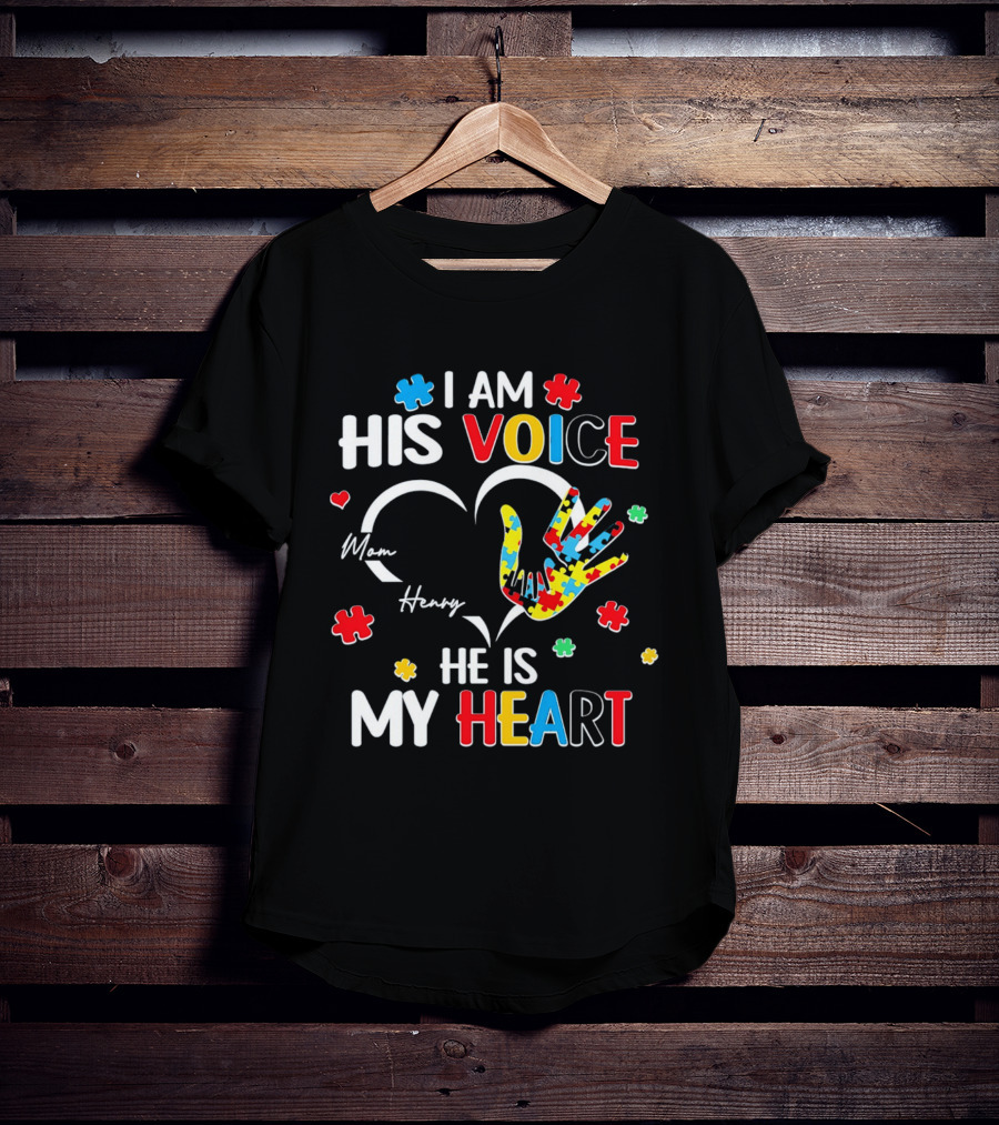 I Am His Voice He Is My Heart Autism Awareness Mom Henry Puzzle Pieces T-Shirt