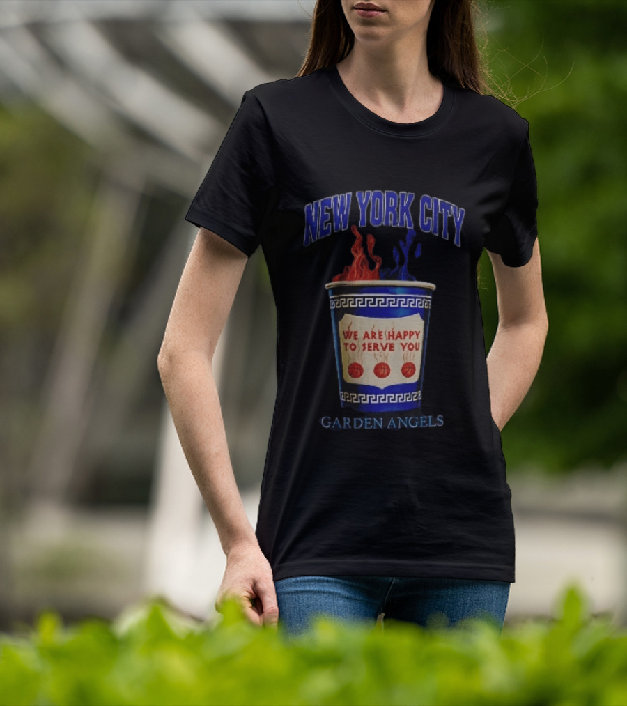 New York City Greek Coffee Cup We Are Happy To Serve You Garden Angels Flaming Basketballs T-Shirt
