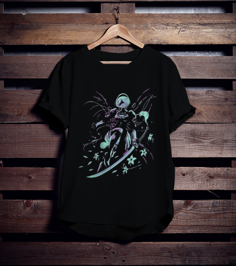 NieR Automata 2B With Pastel Sword And Flower Motif T-Shirt