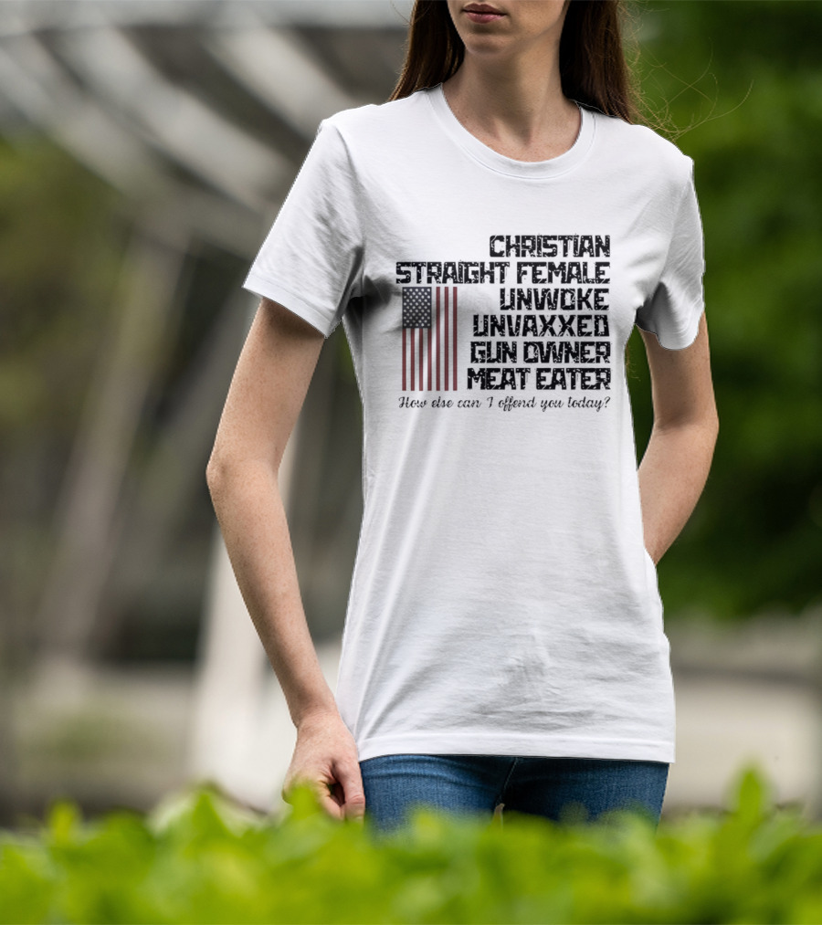 Christian Straight Female Unwoke Unvaxxed Gun Owner Meat Eater How Else Can I Offend You Today USA Flag T-Shirt