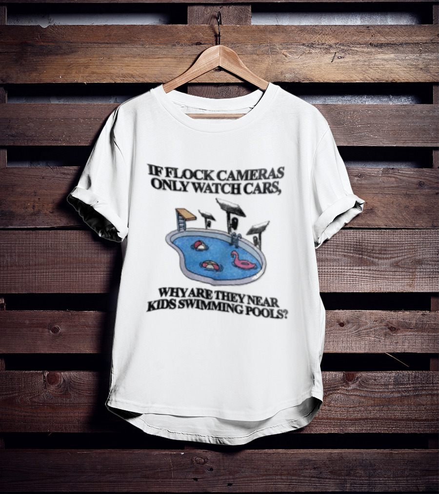 Flock Cameras Cars Near Swimming Pools Pink Flamingo Float Solar Panels Cartoon T-Shirt