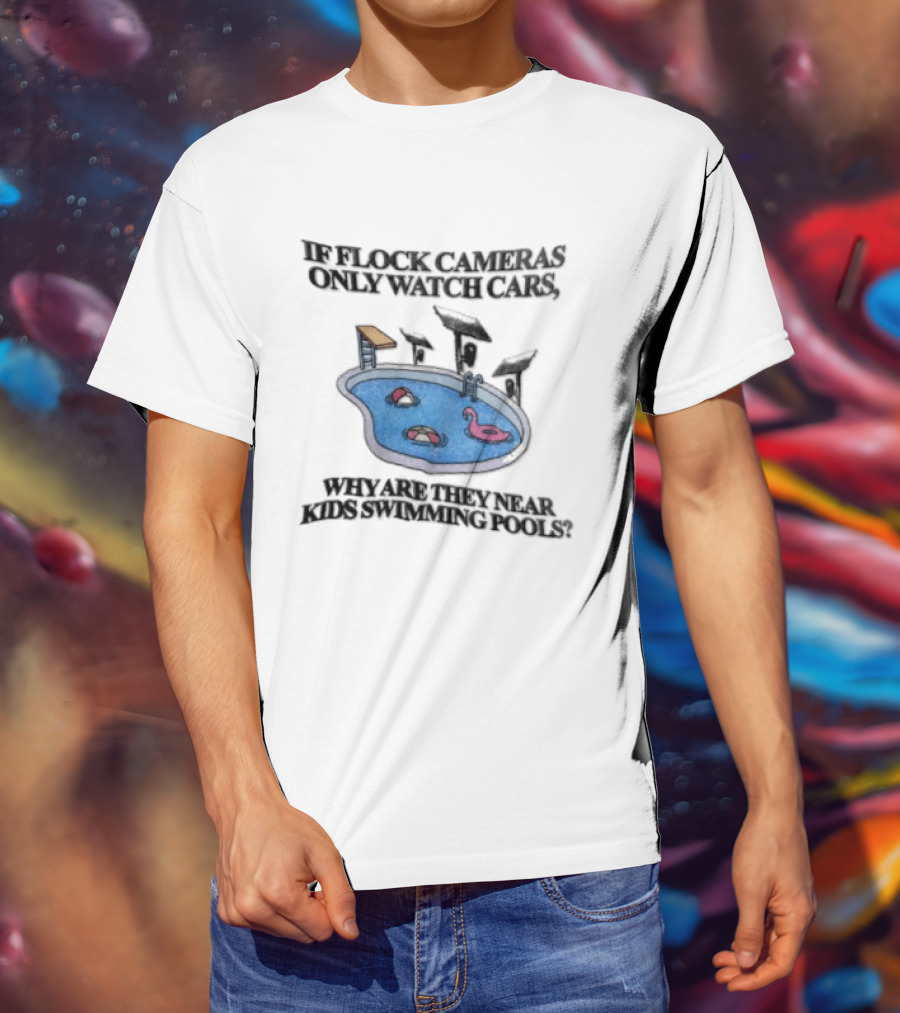 Flock Cameras Cars Near Swimming Pools Pink Flamingo Float Solar Panels Cartoon T-Shirt