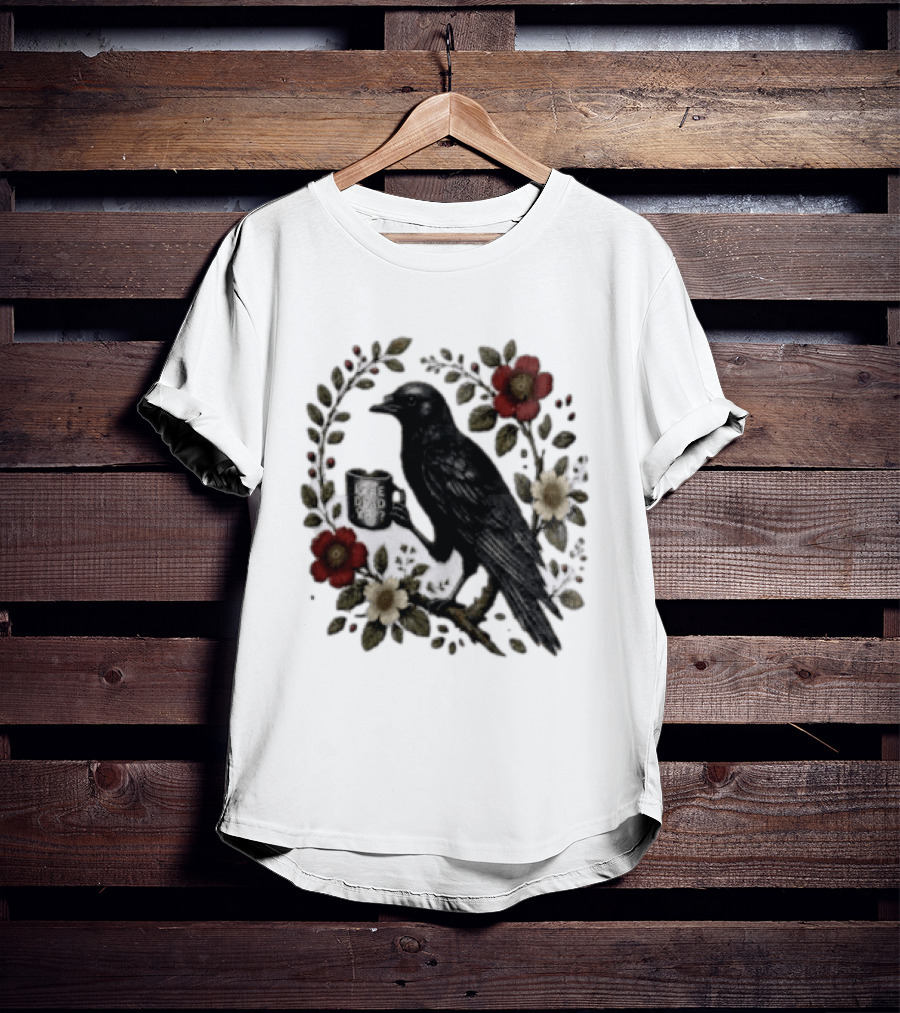 Is He Dead Yet Crow Coffee Floral Wreath Blooms T-Shirt