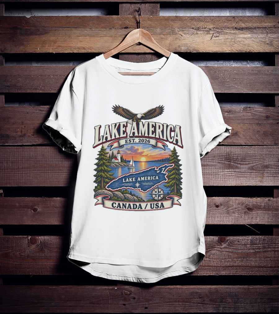 Lake America Est. 2026 Great Lakes Canada USA Scenic Sunset Eagle Sailboat T-Shirt