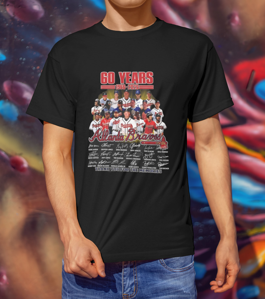 Atlanta Braves 60 Years 1966 2026 Legends Aaron Chipper Jones Maddux Glavine Smoltz Murphy Autographs Thank You For The Memories T-Shirt
