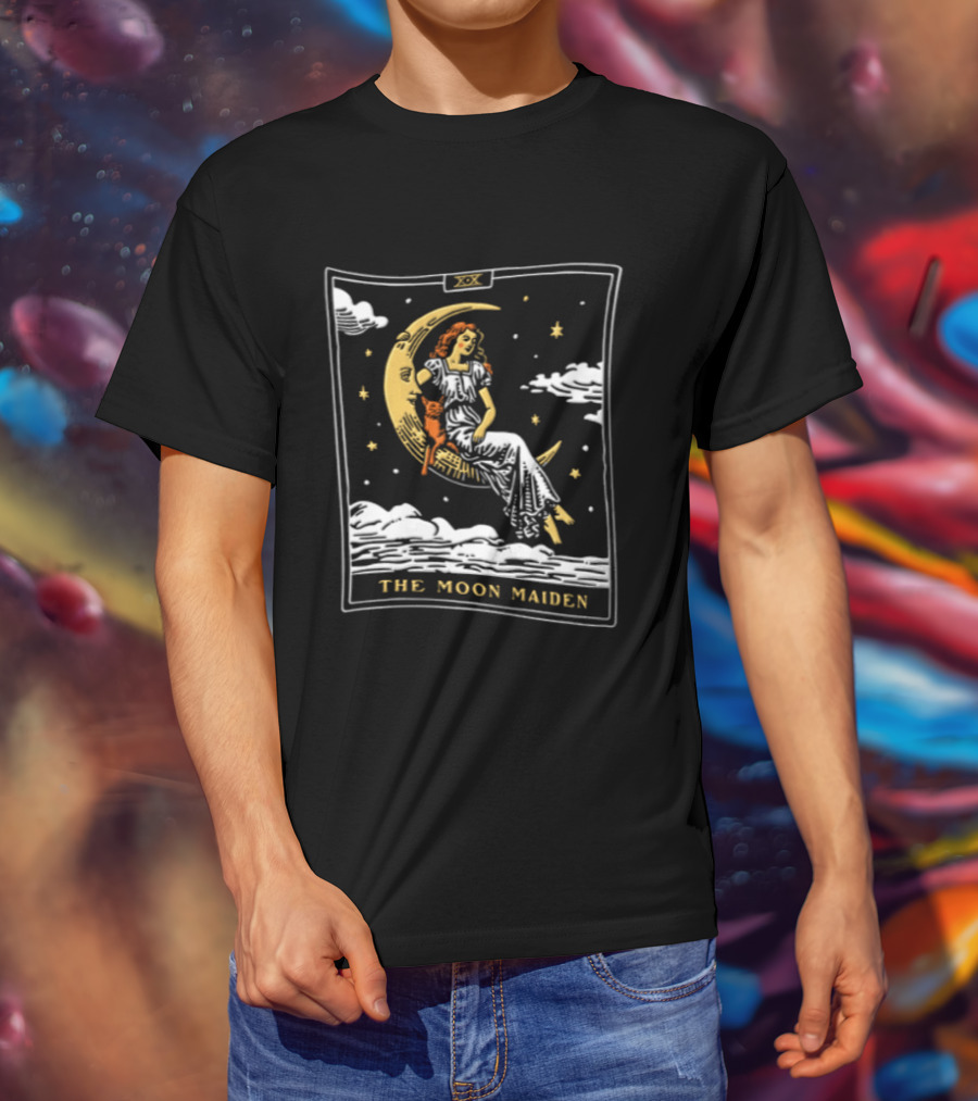 The Moon Maiden Tarot Card Crescent Cat And Stars T-Shirt