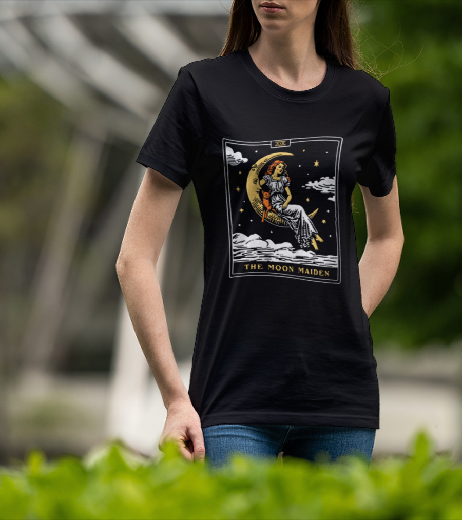 The Moon Maiden Tarot Card Crescent Cat And Stars T-Shirt