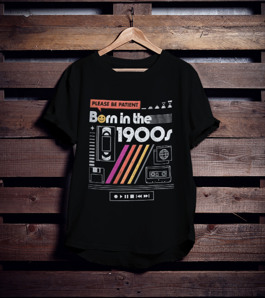 Please Be Patient Born In The 1900s VHS Tape Cassette Floppy Disk Colorful Stripes Retro Technology T-Shirt