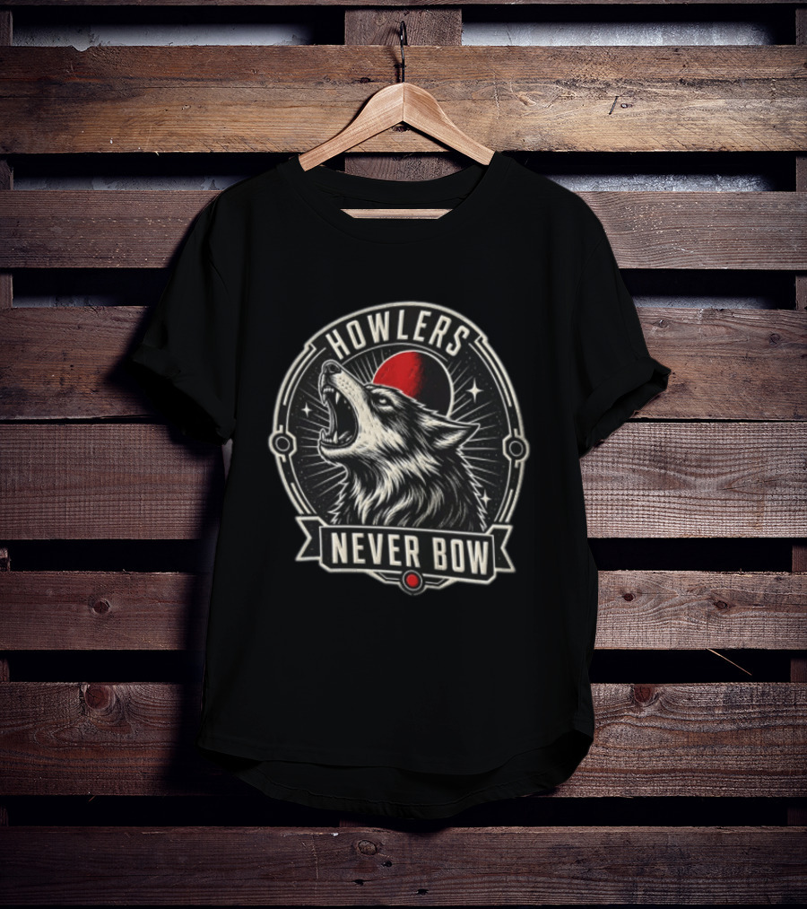 Howlers Never Bow Snarling Wolf Red Moon Celestial T-Shirt