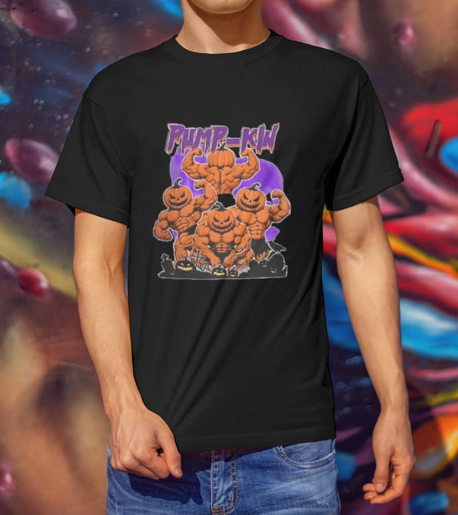 Pump Kin Muscular Jack O Lantern Bodybuilders Halloween Gravestones T-Shirt