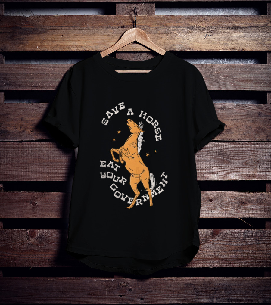 Save A Horse Eat Your Government Rearing Orange Stallion Woodcut Stars T-Shirt