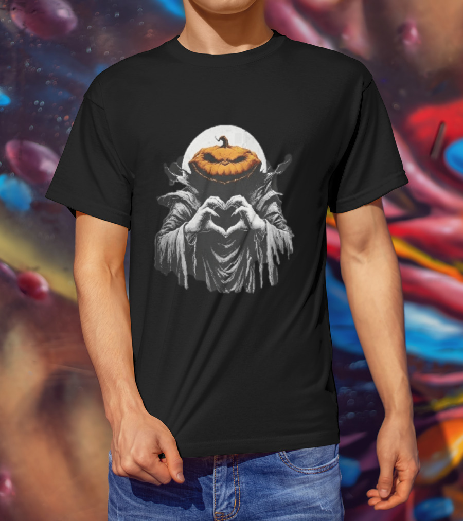 Scary Jack O Lantern Hooded Cloak Heart Hands Full Moon T-Shirt