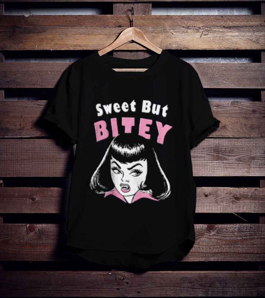 Sweet But Bitey Cartoon Vampire Bangs Graphic Fangs T-Shirt