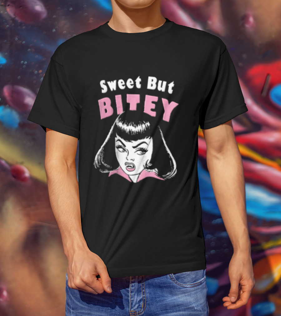 Sweet But Bitey Cartoon Vampire Bangs Graphic Fangs T-Shirt