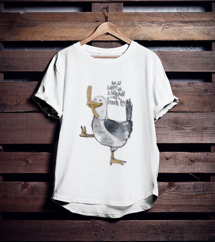 Be As Happy As A Seagull With French Fry Cartoon Bird Holding Yellow Food T-Shirt