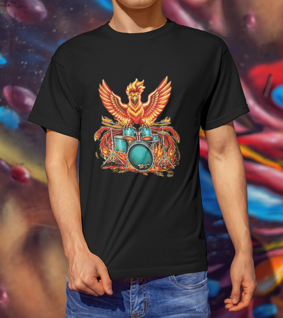 Kozik Phoenix Drummer Rock Drums Fiery Percussion Mythical Bird T-Shirt