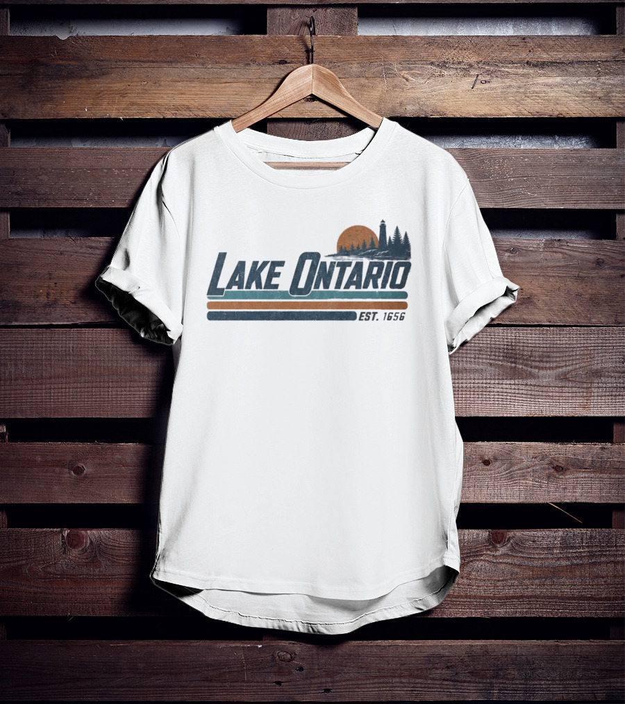 Lake Ontario Established 1956 Vintage Stripe Sunset With Lighthouse And Trees T-Shirt