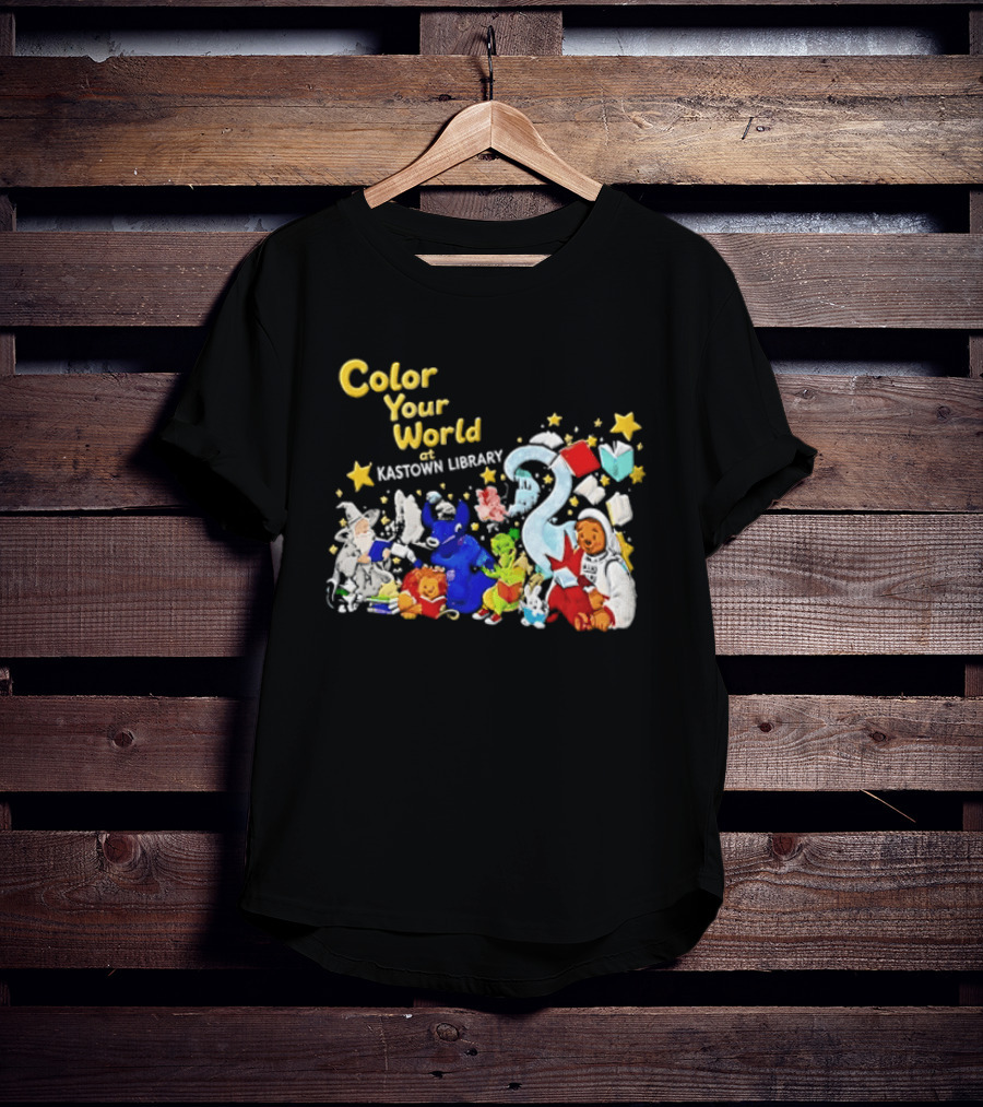 Color Your World At Kastown Library With Reading Books And Vibrant Characters T-Shirt