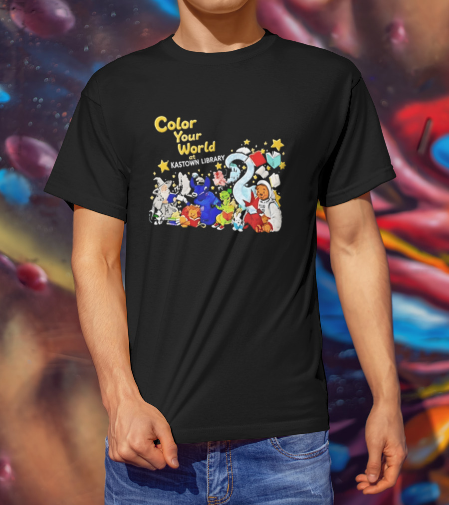 Color Your World At Kastown Library With Reading Books And Vibrant Characters T-Shirt