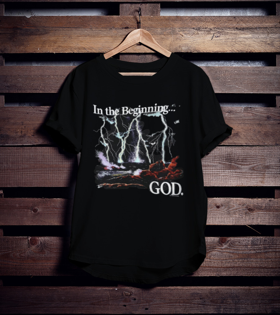 In The Beginning God Lightning Bolts Crashing Waves Rocky Shore T-Shirt