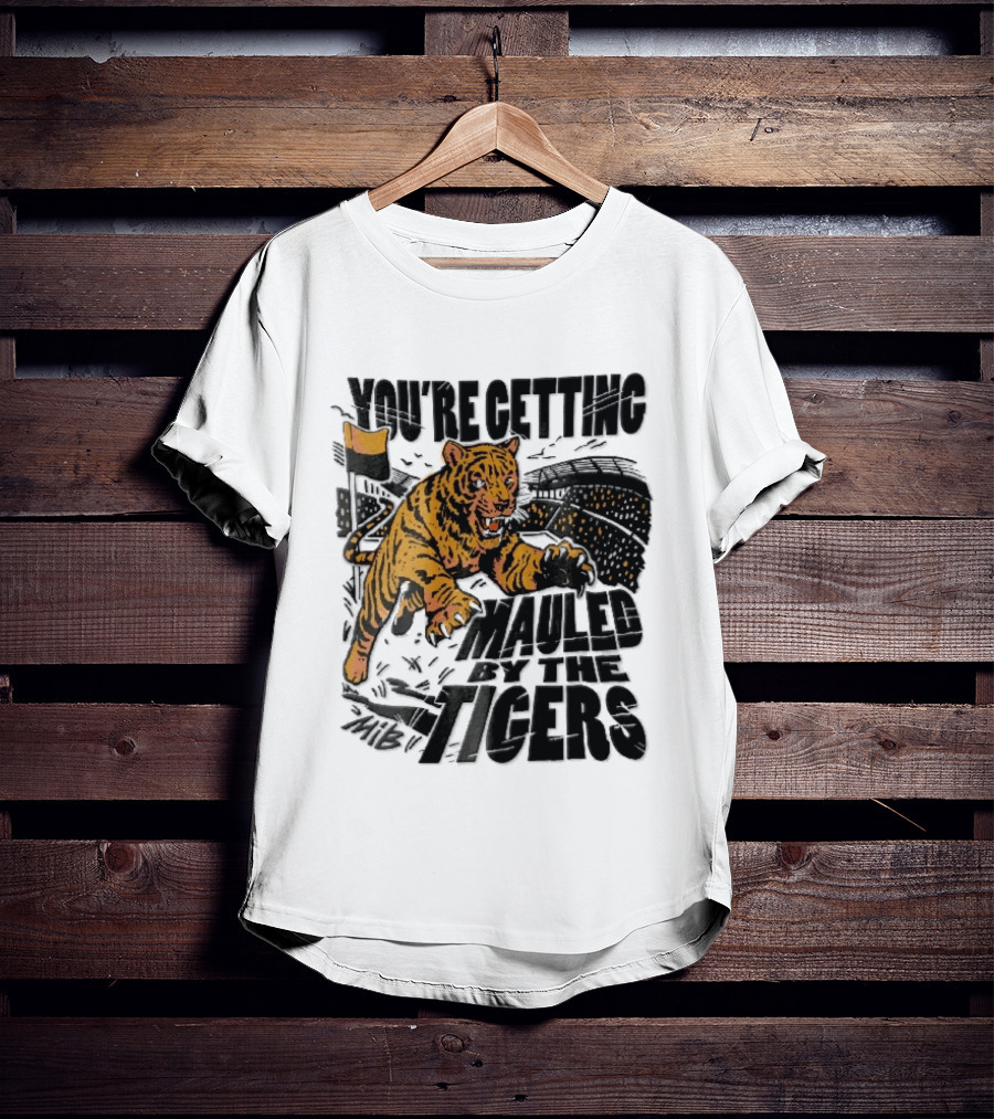 You're Getting Mauled By The Tigers Leaping Aggressive Stadium Crowd Corner Flag Woodcut T-Shirt